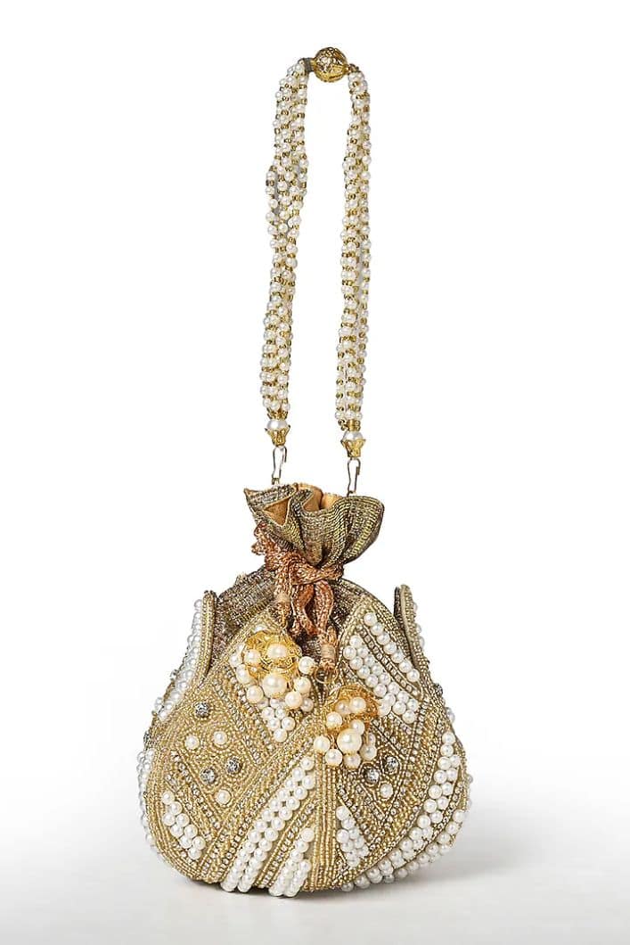 Gold Silk Bead & Pearl Work Potli view 2