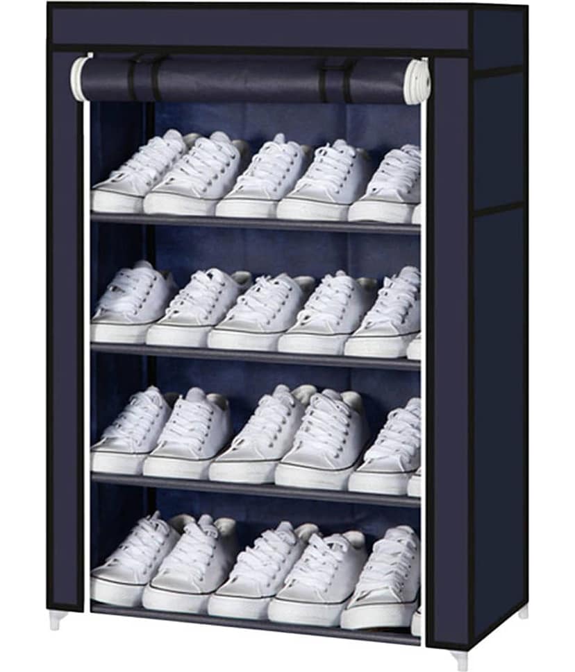 KriShyam Metal Foldable/Collapsible 4 Tier Shoe Rack With Cover -Blue
