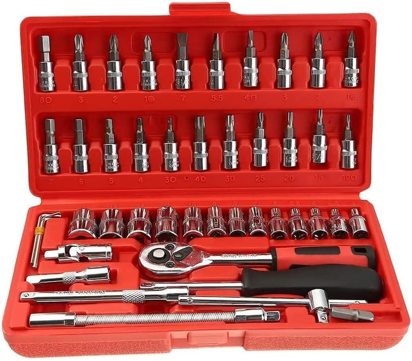 46 Piece Multipurpose Tool Kit 1/4 Inch Metric Drive Socket Set Screwdriver Bits Ratchet Wrench Combination Tool Set for Car Bike Home Repair Maintenance