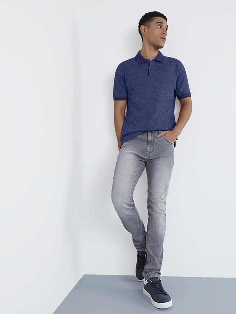 Mens Navy Cotton Jacquard Collar Polo T Shirt view 2