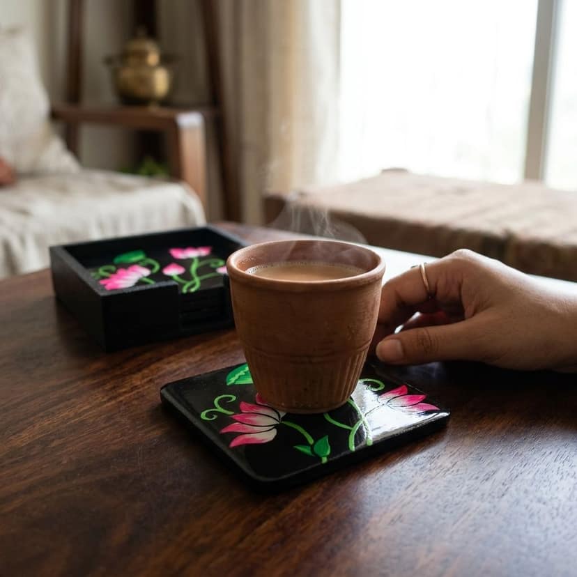 Hand Painted Wooden Pichwai Art Square Shape Black Color Set of 4 Coasters With Resin Layer view 2
