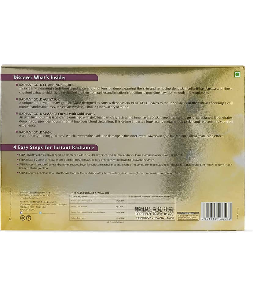 Lotus Herbals Radiant Gold Cellular Glow Facial Kit With 24K Gold Leaves, All Skin Types, 37g view 2