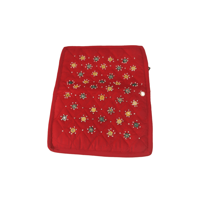 Red Hand Embroidered Clutch with Mirror Work and Beads view 2