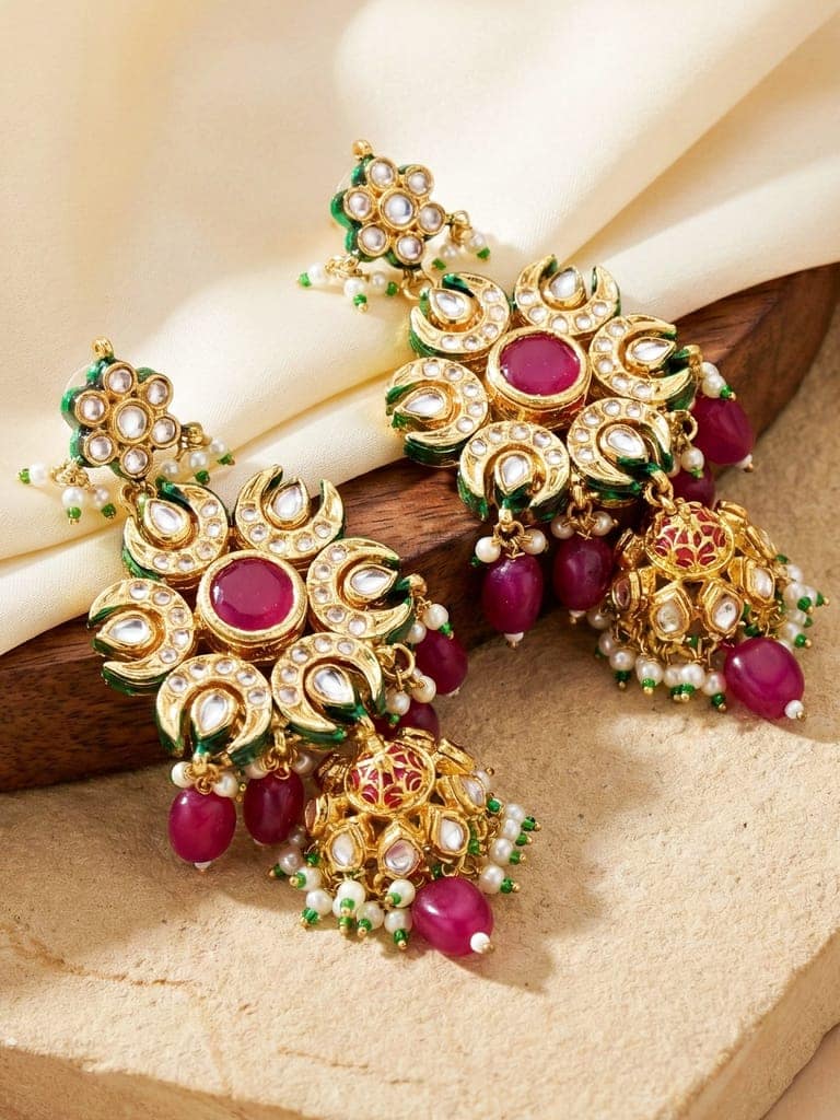LUCKY JEWELLERY 18K Gold-Plated Kundan Earrings with Red for Girls & Women (1320-J5EK-2301-R) view 2