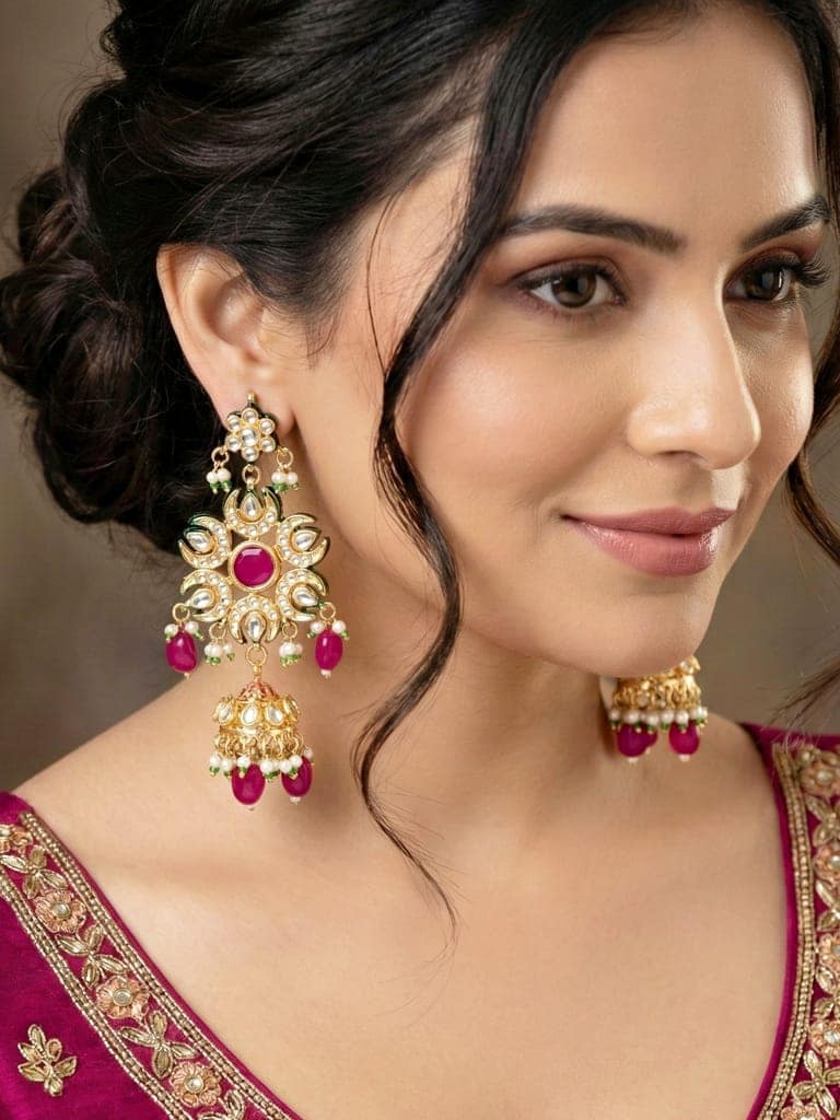 LUCKY JEWELLERY 18K Gold-Plated Kundan Earrings with Red for Girls & Women (1320-J5EK-2301-R) view 3
