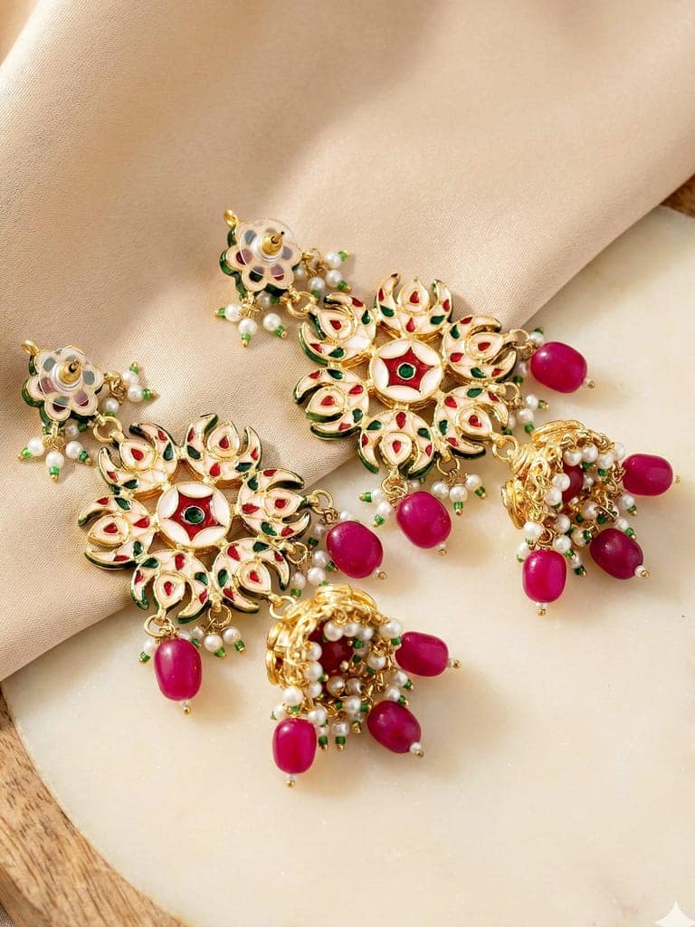 LUCKY JEWELLERY 18K Gold-Plated Kundan Earrings with Red for Girls & Women (1320-J5EK-2301-R) view 6