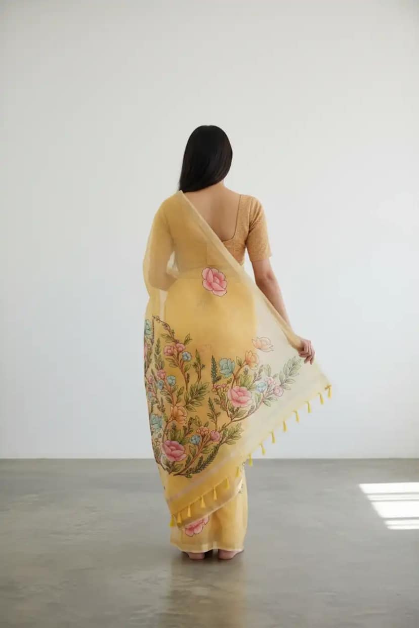 Mustard Kota Doria cotton-silk saree with block-print florals and zari border view 2