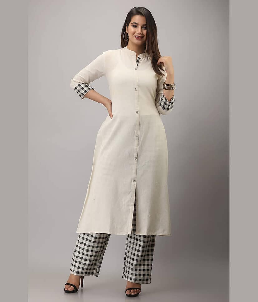 MAUKA Rayon Checks Kurti With Palazzo Women's Stitched Salwar Suit - White ( Pack of 1 )