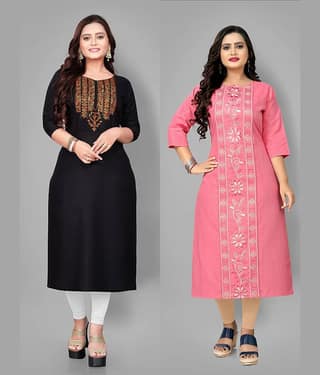 RIAANA Women Cotton Embroidered Straight Kurti ( Black )