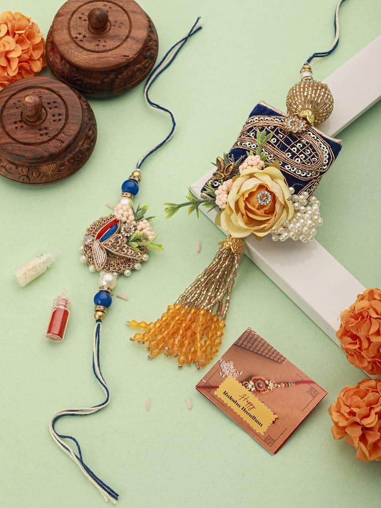 Set of 2 Kundan & Pearl Beaded Handcrafted Designer Rakhi Set For Bhaiya & Bhabhi with Roli Chawal Pooja Plate view 2
