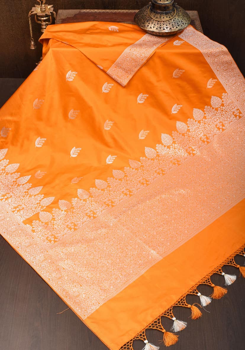 Deep Yellow Banarasi Katan Silk Silk Saree with Silver Zari Buttas & Scalloped border | SILK MARK CERTIFIED