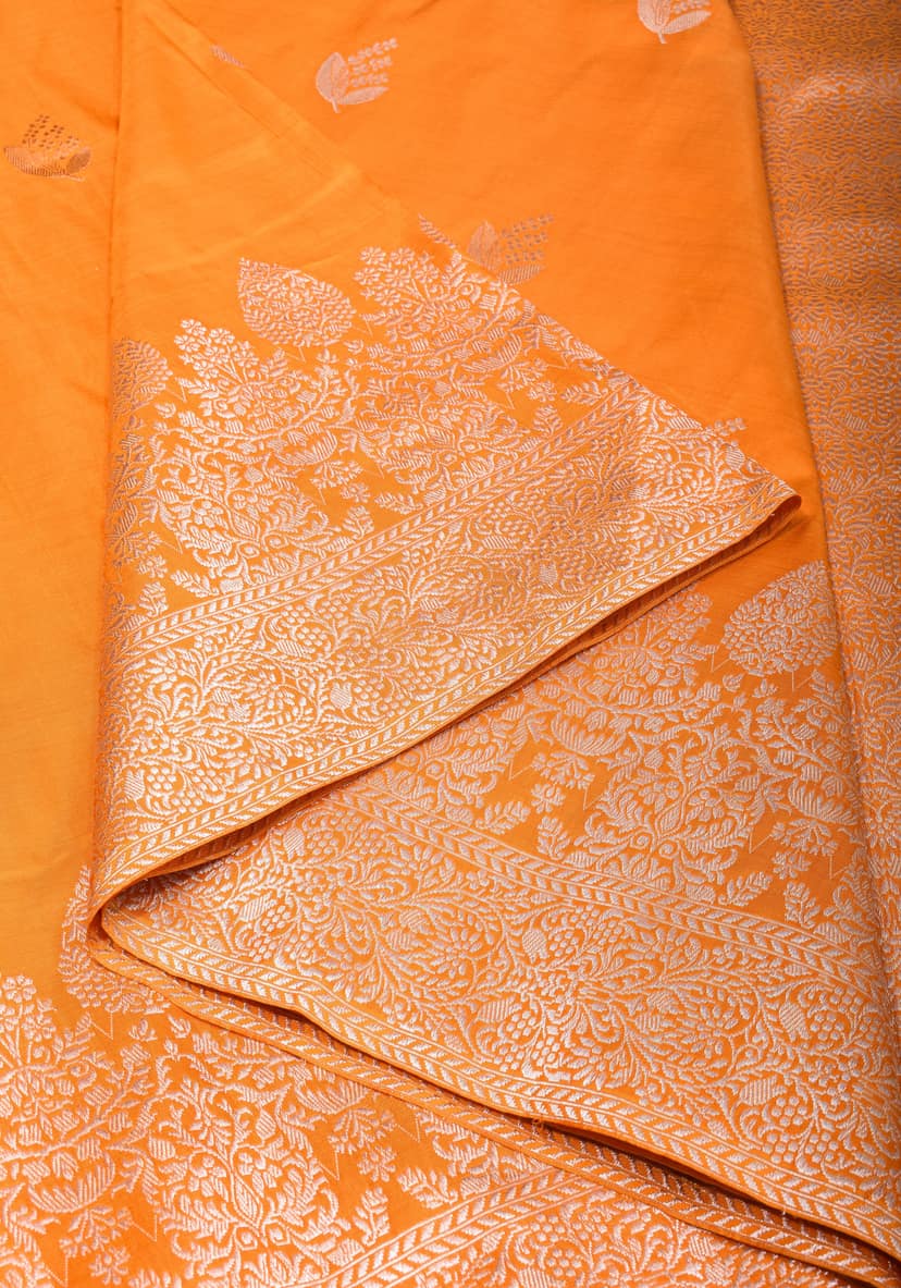 Deep Yellow Banarasi Katan Silk Silk Saree with Silver Zari Buttas & Scalloped border | SILK MARK CERTIFIED view 3
