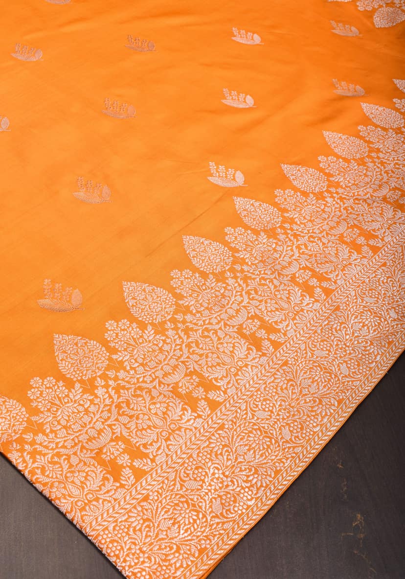 Deep Yellow Banarasi Katan Silk Silk Saree with Silver Zari Buttas & Scalloped border | SILK MARK CERTIFIED view 5