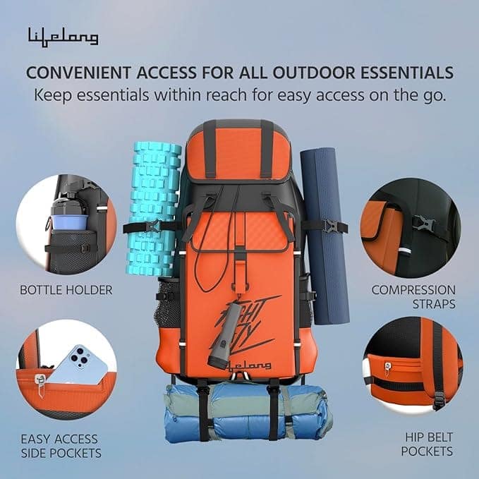 Lifelong 80 Ltr Travel Backpack - Rucksack Bags For Men & Women's - Trekking Bag Laptop Compartment - Tourist Bag For Travel (Orange) view 4