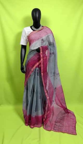 Handloom Kota Doria Saree with Block Print and Zari Border