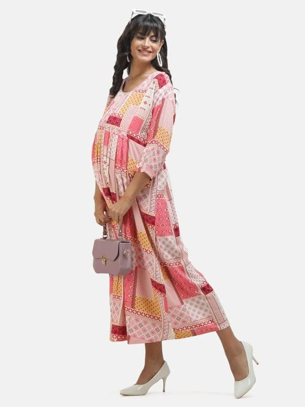 Casual Maternity Dress with Square Print Peach view 4
