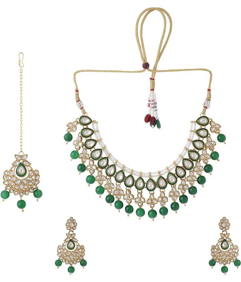 VIRAASI - Green Brass Necklace Set ( Pack of 1 )