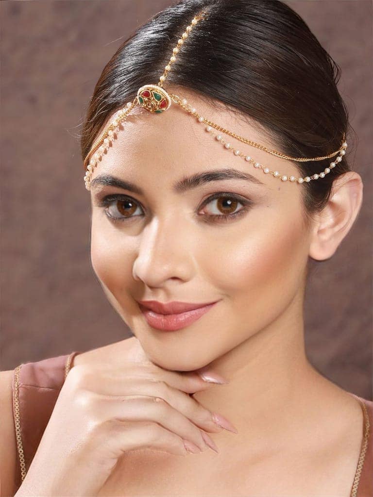 Gold Plated Green Stone Studded Pearl Beaded Borla Mathapatti