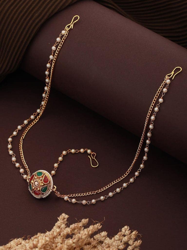 Gold Plated Green Stone Studded Pearl Beaded Borla Mathapatti view 3