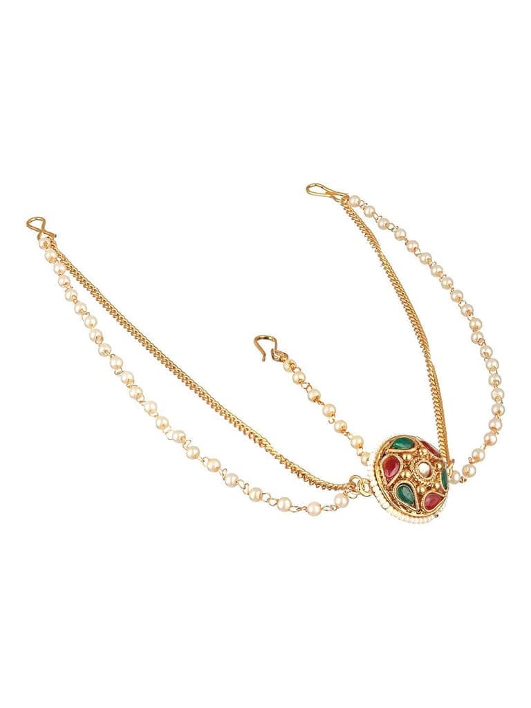 Gold Plated Green Stone Studded Pearl Beaded Borla Mathapatti view 4