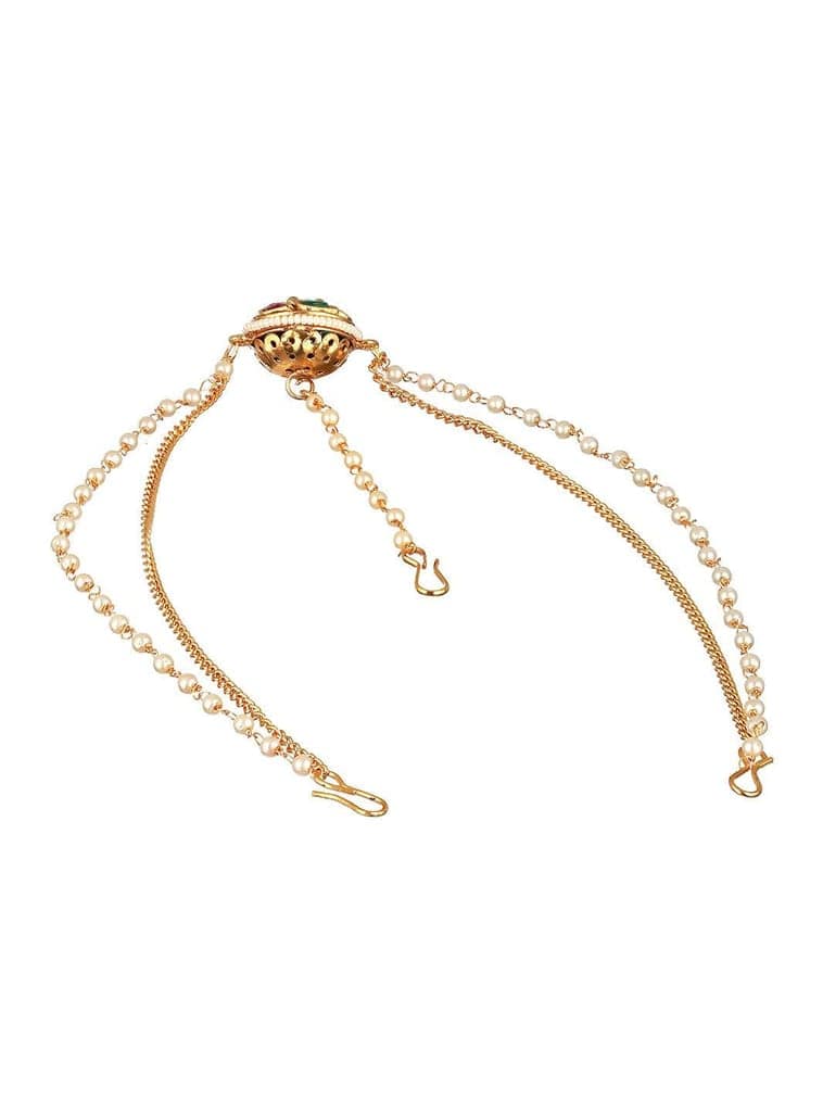 Gold Plated Green Stone Studded Pearl Beaded Borla Mathapatti view 5