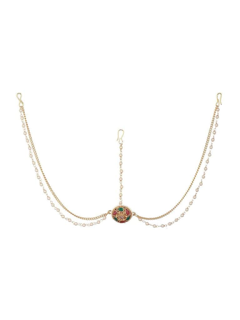 Gold Plated Green Stone Studded Pearl Beaded Borla Mathapatti view 6