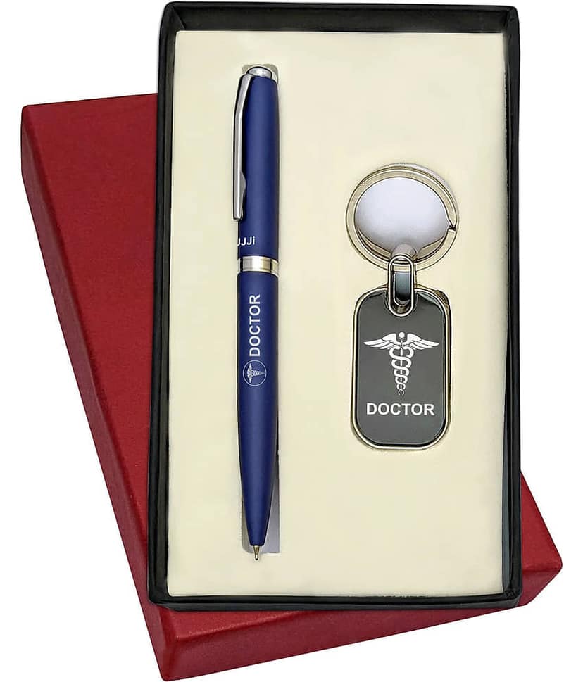 UJJi Doctor Logo Engraved Matte Finish Blue Colour Ballpen and Keychain