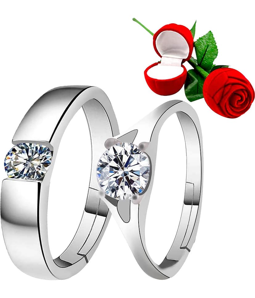 Silver Plated Adjustable Couple Rings Set for lovers Ring with 1 Piece Red Rose Gift Box for Men and Women