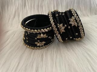 Black Silk Thread Bangles with Kundan and Pearl Embellishment