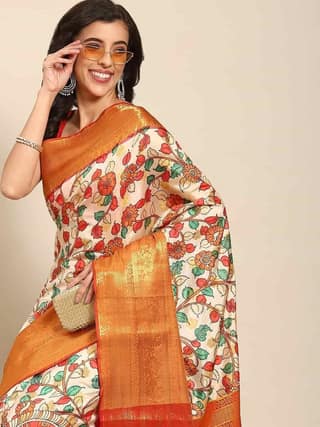 Women's Kalamkari Print with Regal Weave Silk Saree With Unstiched Blouse Piece