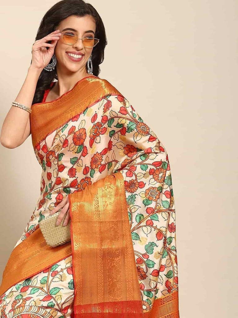 Women's Kalamkari Print with Regal Weave Silk Saree With Unstiched Blouse Piece