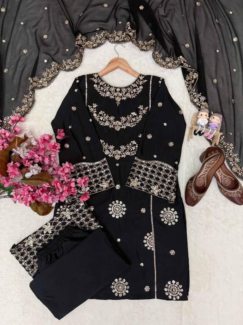 French Crepe Embroidered Kurti Plazzo Dupatta Set view 2