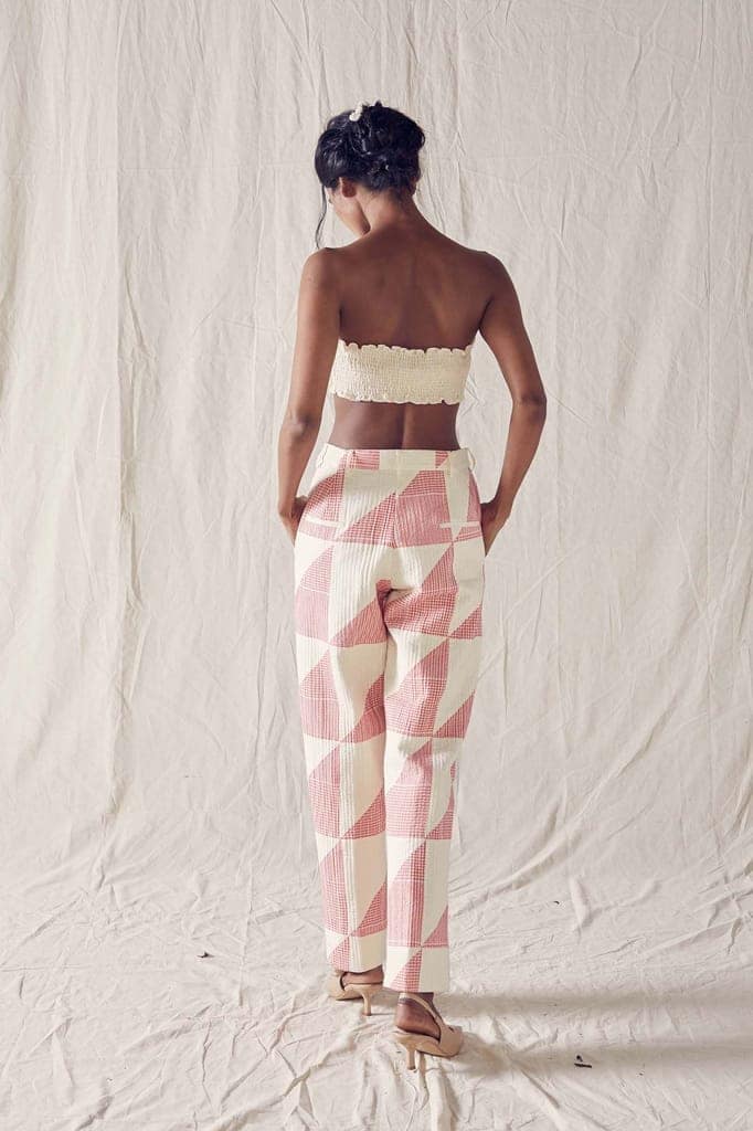 Quilted Pant And Jacket Co-Ord In Red And Off White Checks Cotton Khadi Mulmul view 2
