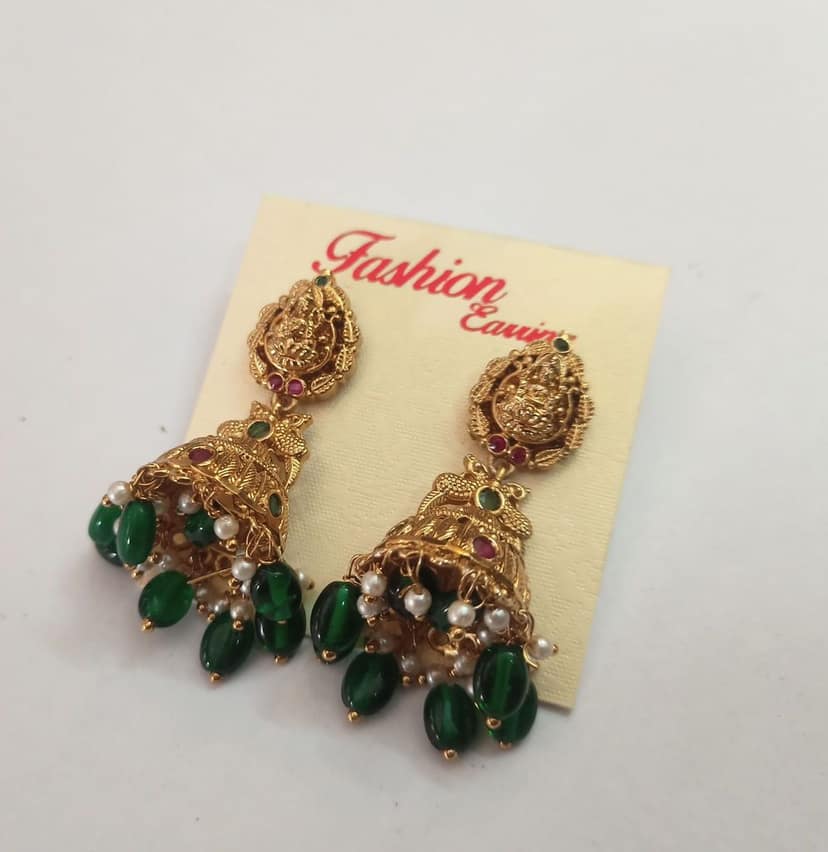 oxidized gold plated traditional jhumka earrings with green beads view 3
