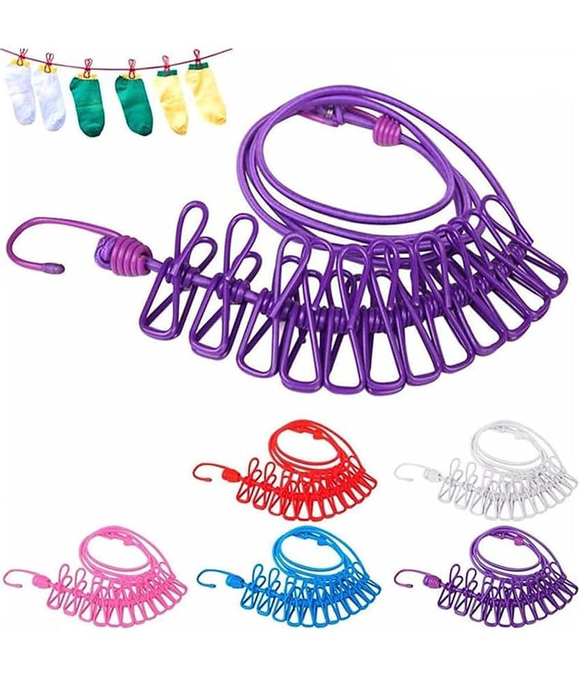 Bhavyta Portable Multi Functional Drying Rope with 12 Clips and 2 Hooks/Portable Outdoor Travel Clothesline Rope Clothes Hanging Hook (Multicolor)