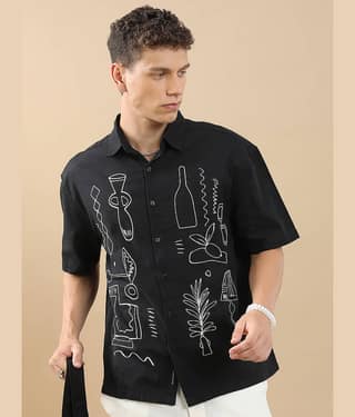 Highlander Cotton Blend Boxy Printed Half Sleeves Men's Casual Shirt - Black ( Pack of 1 )