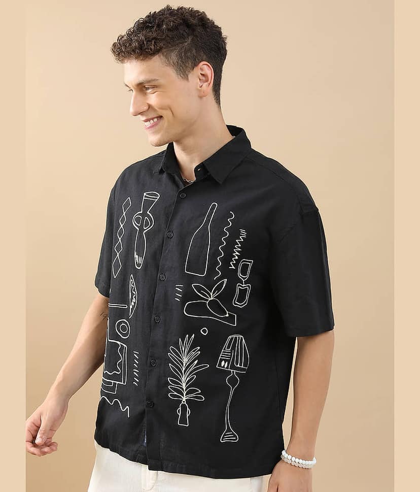 Highlander Cotton Blend Boxy Printed Half Sleeves Men's Casual Shirt - Black ( Pack of 1 ) view 4