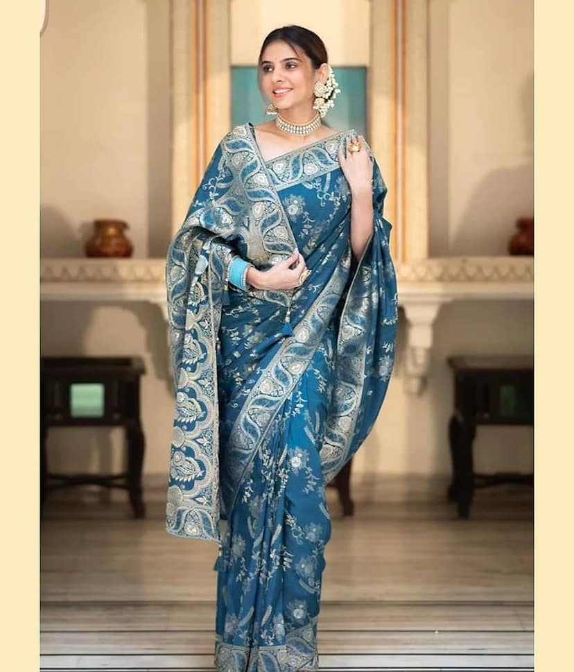 YUG ART Banarasi Silk Embellished Saree With Unstitched Blouse Piece ( Rama ) view 2