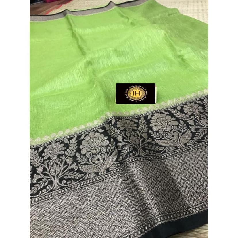 Silk Linen Banrasi Brocade Weaving Handloom Green Saree with Blouse-2426 view 2