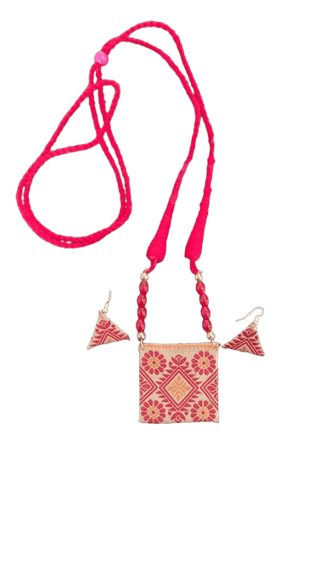 Assamese Handmade Woolen Thread Necklace and Earrings Jewelry Set (RED)