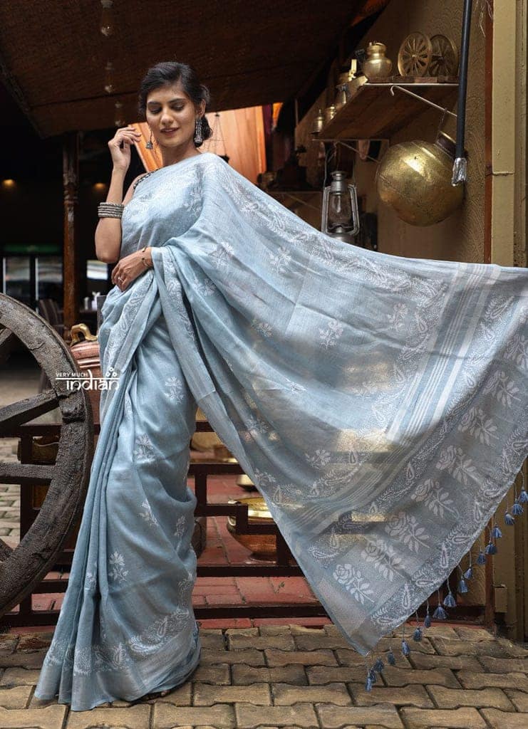 Utsaav ~ Pure Handmade Linen in Grey with Hand Block Printing view 2