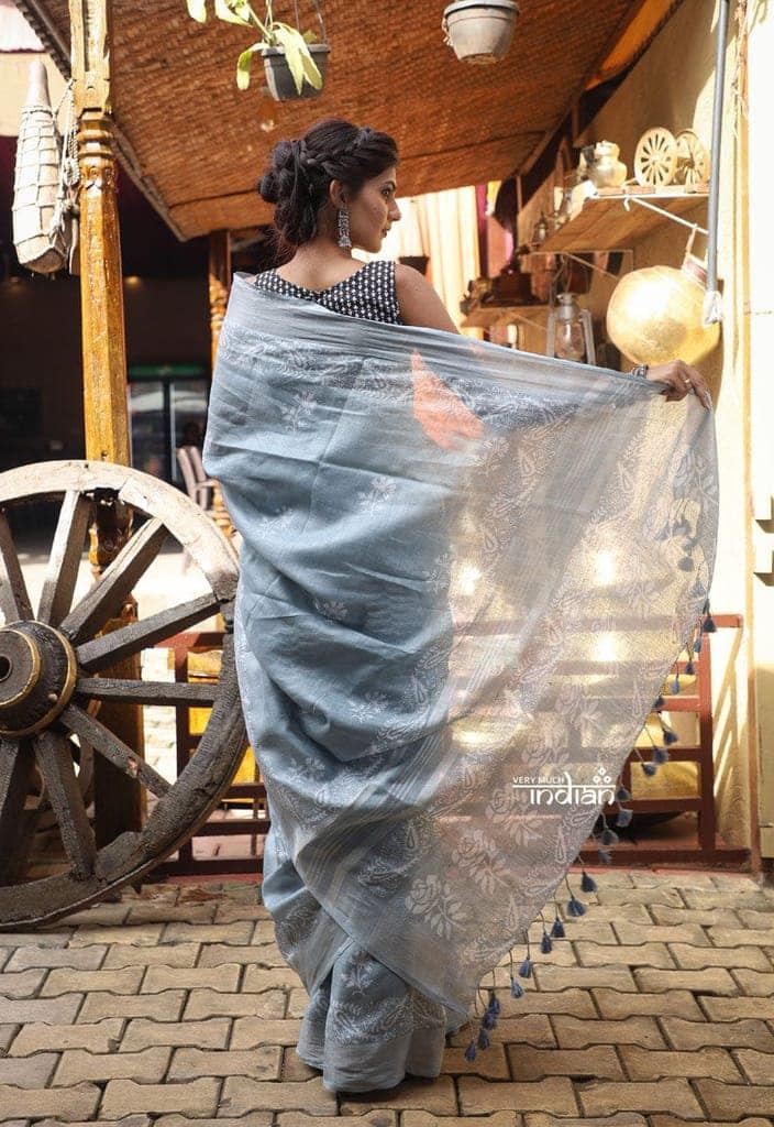 Utsaav ~ Pure Handmade Linen in Grey with Hand Block Printing view 5