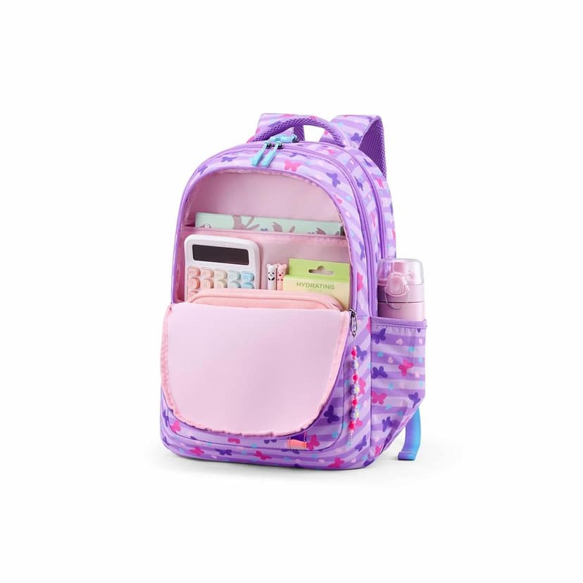 Sway | 32 Ltrs | 3 Compartments | Bottle Pocket | Ergonomic Padded Back Panel & Shoulder Straps | School Backpack for Boys & Girls | Butterfly Lavender view 2