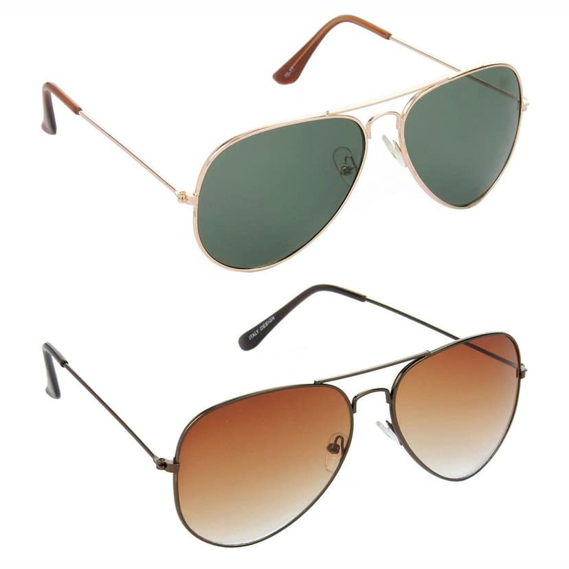 HRINKAR Men Women Boys & Girls Pilot & Rectangular Sunglasses Golden & Brown Frame, Green & Brown Lens (Medium) Pack of - 2