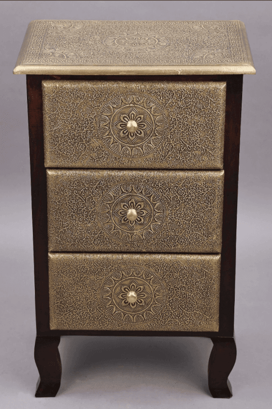 Wood To Cart® 29" Wooden Side Table withThree Drawer | Brass Work | 3 Drawer Leg Bed Side Brass Fitted | Wooden Table | Handmade | Made In India view 2