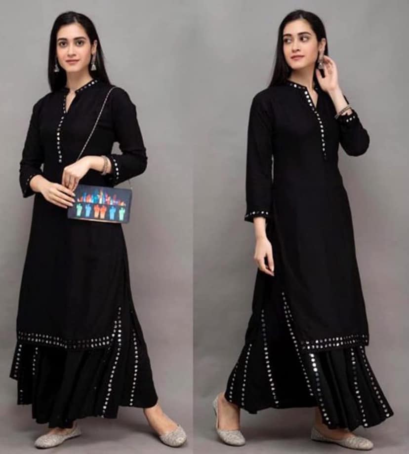 Buy & Try Women's Rayon Kurta Plazzo Set with Aari Work, Straight Kurti Set with Plazzo for Girls, Diwali, Festival Puja. view 2