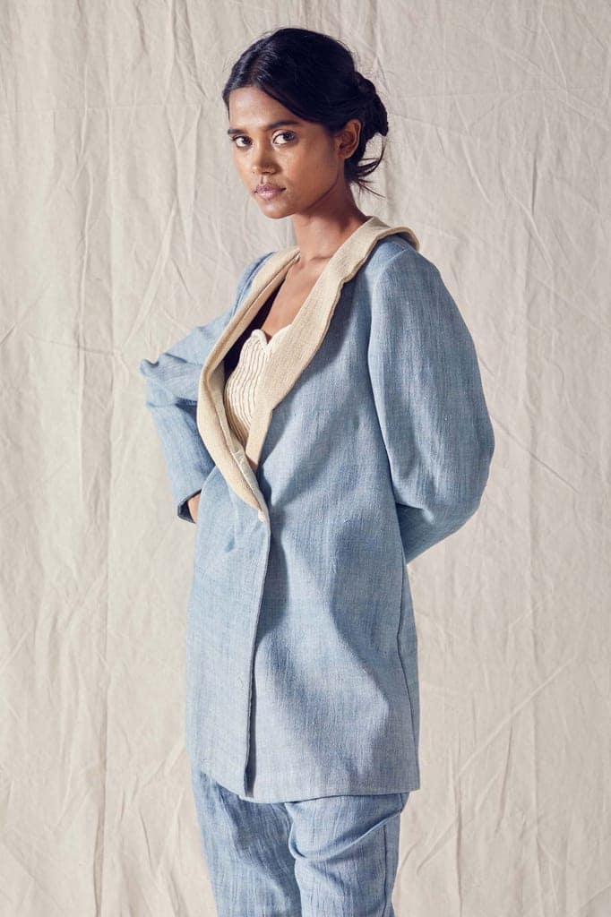 Indigo Pant Suit With Oversized Blazer In Oragnic Cotton view 3