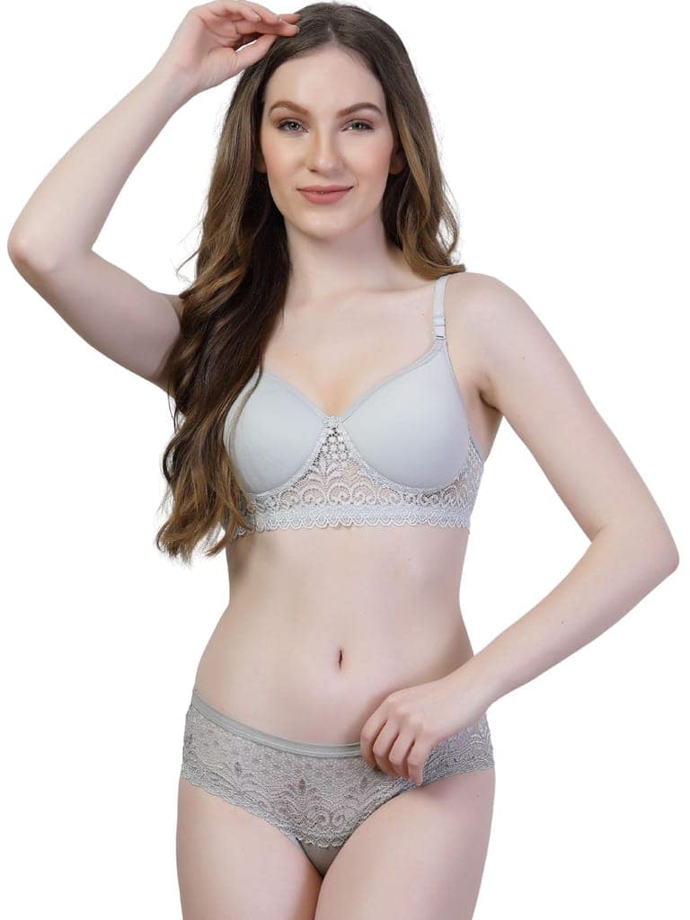 ADORNSTAR Women Designer Grey Lace Lingerie Set | Non Wired Non Padded Full Coverage Bra with Hipster Panty Soft Fabric and Adjustable Straps Comfortable Innerwear for Women