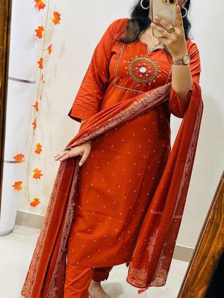 Rust Orange Embroidered Kurta Set with Mirror Work & Dupatta
