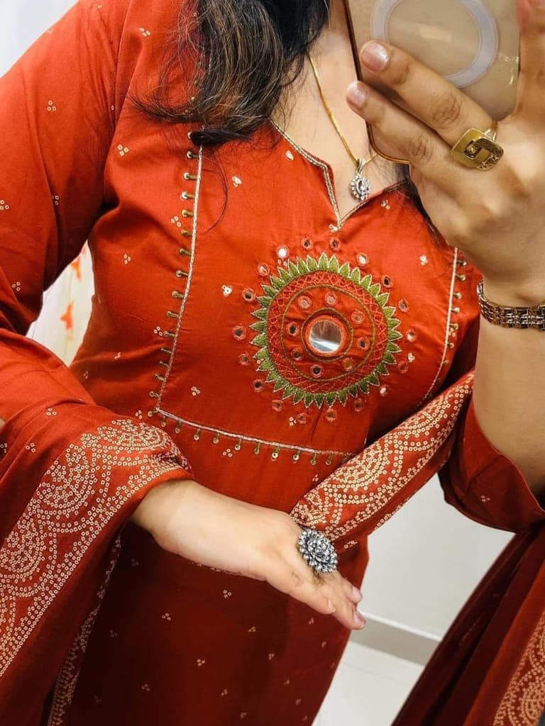 Rust Orange Embroidered Kurta Set with Mirror Work & Dupatta view 2